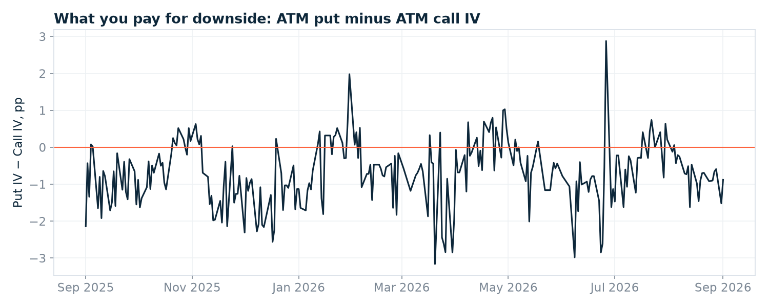 Difference between at-the-money put and call implied volatility for AAPL over one year