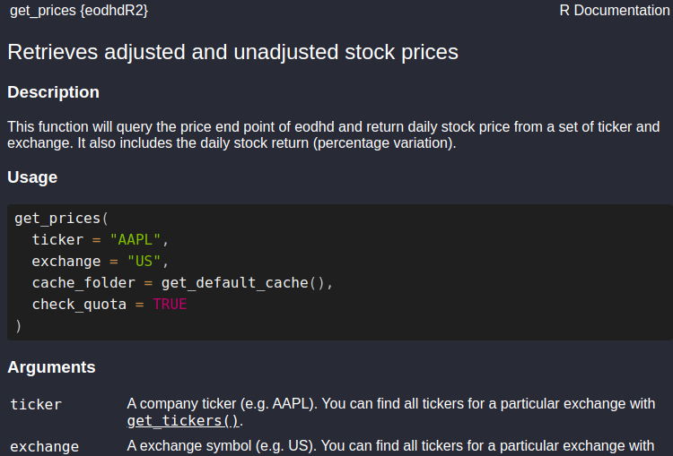 Example of help for function get_prices()